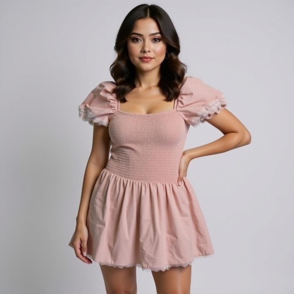 LoveShackFancy Asa Mini Dress XL  Embroidered Lace Smcked Slimming Feminine Pink